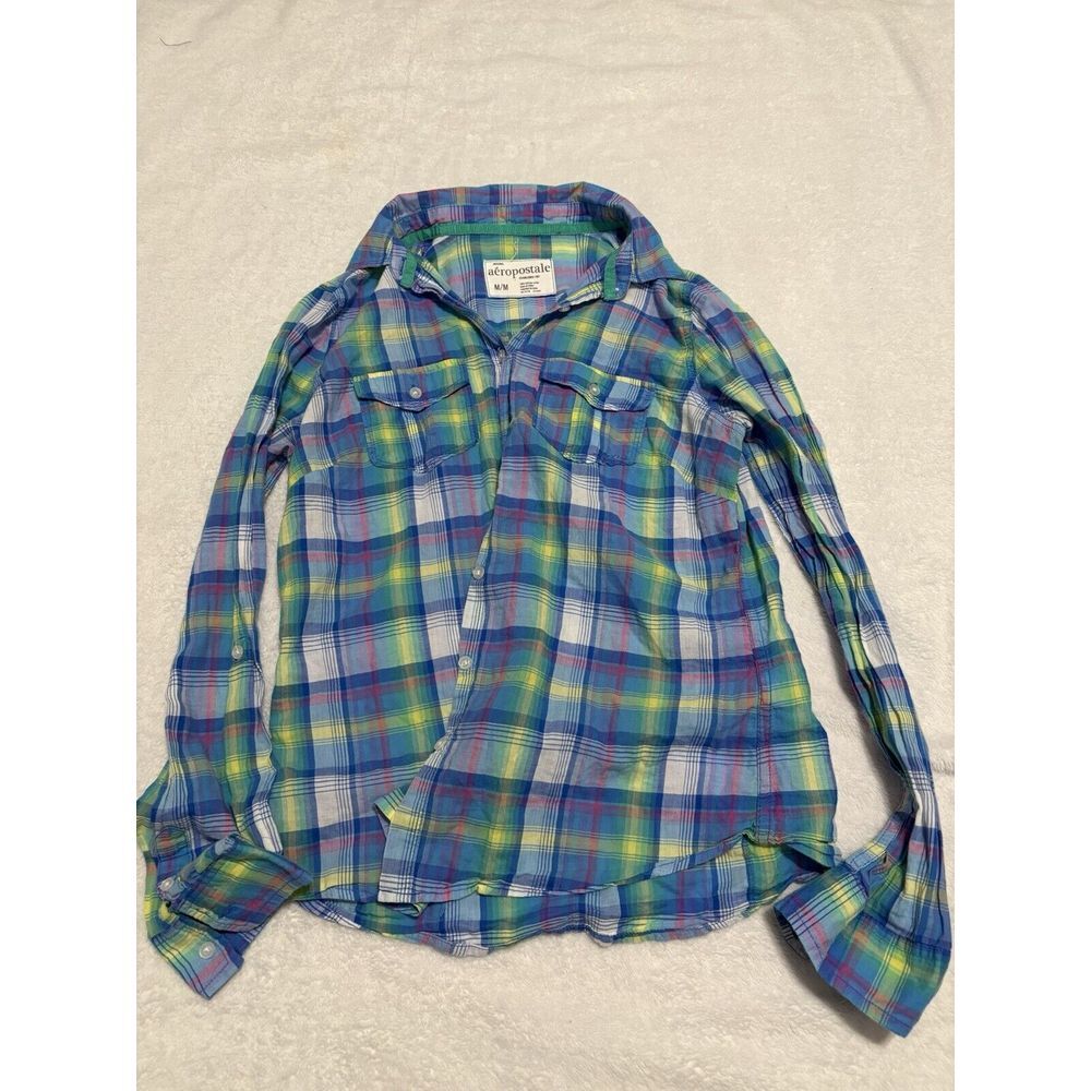 Girls Medium Plaid Aeropostale Button Up Shirt Blue Green Easter‎